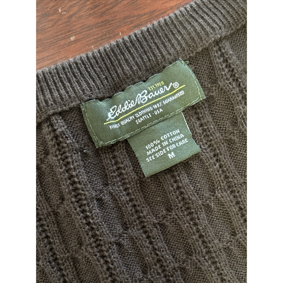 Eddie Bauer Brown Cable Knit V-Neck Sweater M Y2K Preppy Retro Classic Cotton - Picture 3 of 7